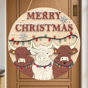 Highland Kuh Weihnachtsschild SVG, Frohe Weihnachten runder Türschild, Bauernhaus Urlaub Dekor, Laser Cut Datei Türschild