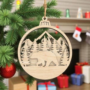 Bear Forest Ornament Svg, Layered Mountain Scene Svg, Rustic Christmas Wood Decor Svg, Laser Cut Winter Holiday Decoration ,Glowforge File