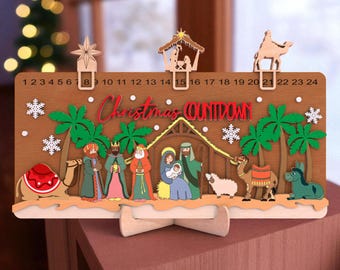 Geboorte kerst aftellen hout teken lasergesneden Svg, religieuze adventskalender lasergesneden bestand, christelijk kerstdecor Glowforge Svg