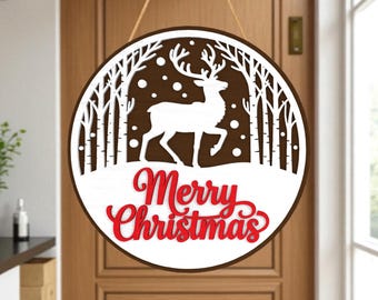 Deer Christmas Round Door Sign SVG, Layered Merry Christmas Laser Cut File, Winter Reindeer Porch Decor, Glowforge Cricut Svg