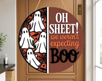 Divertido colgador de puerta de Halloween en formato SVG, letrero de fantasma "Oh Sheet" en formato SVG, letrero de porche "Buu" en formato SVG, letrero redondo de Halloween en formato SVG, archivos de corte láser Glowforge