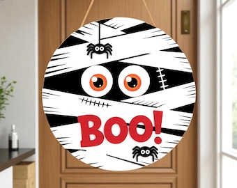 Halloween Door Hanger Laser Cut File Svg, Boo Mummy Sign Svg, Cute Spider and Eyes Round Svg, Spooky Front Door Decoration, Glowforge File
