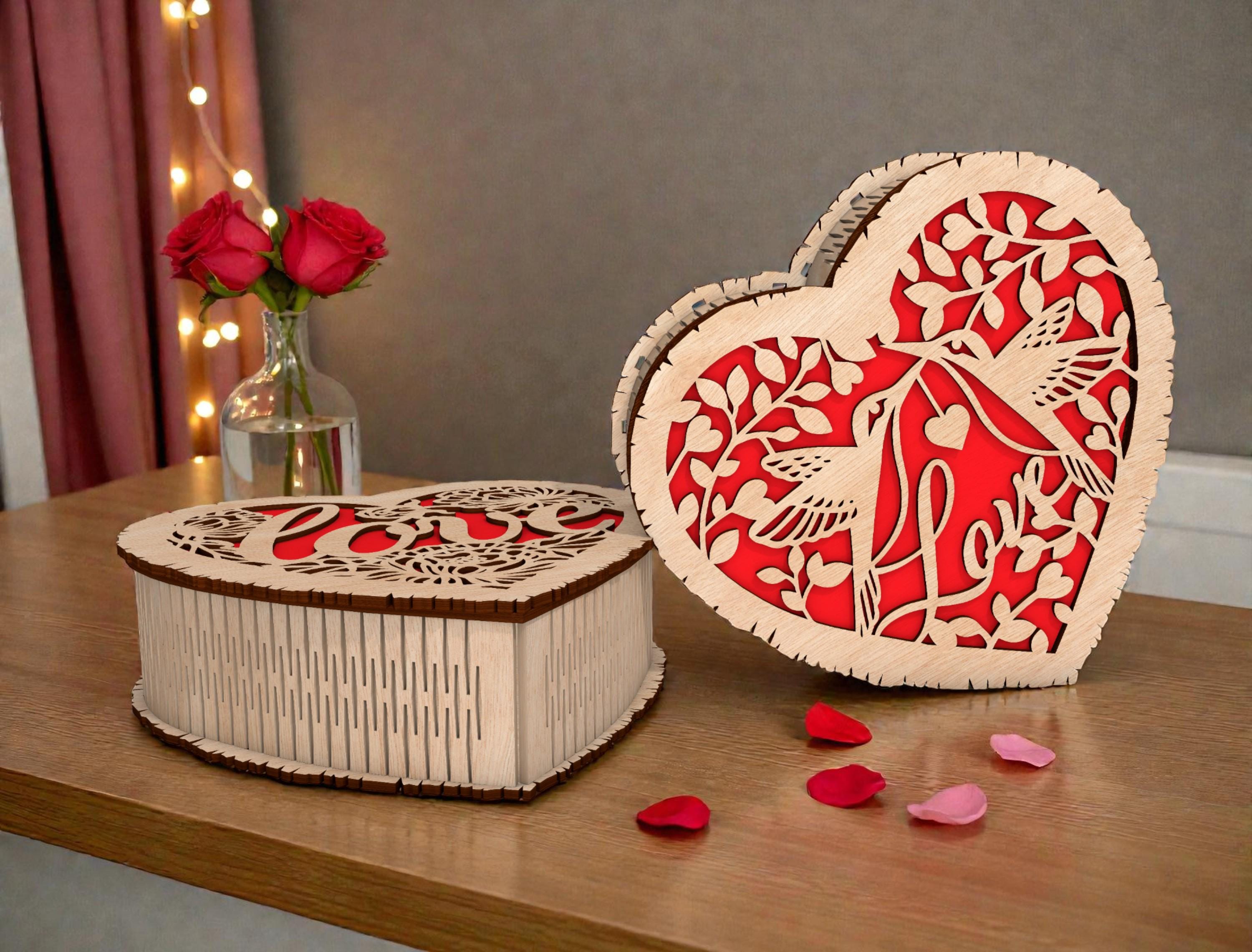 Heart Gift Box SVG, Love Box Laser Cut File, Hummingbird Valentine