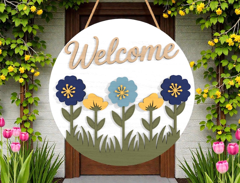 Spring Welcome Flower Round Sign Svg, Layered Floral Door Hanger Svg ...