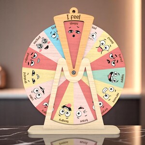 Lasergesneden gevoelens wiel emotie bord SVG, kinderen emotie spinner, houten klas decor, rustige hoek grafiek, digitaal bestand