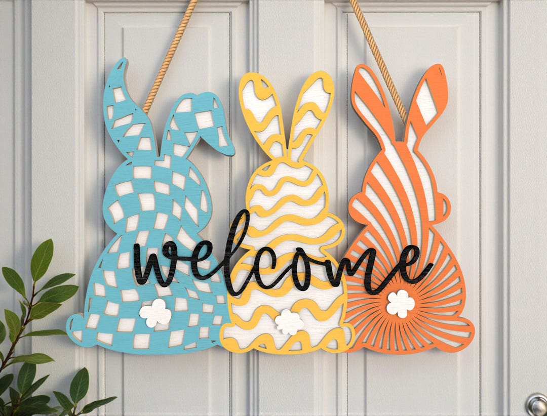 Trio Bunny Welcome Sign Svg, Easter Door Hanger Laser Cut File, Spring ...