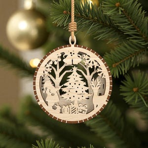 Layered Christmas Tree Ornament Laser Cut File SVG, Winter Forest Scene Decoration SVG, Holiday Laser Cut File for Glowforge xTool Cricut