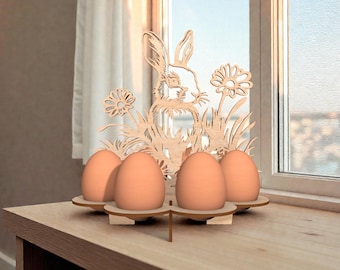 Soporte para huevos de conejo de Pascua SVG, soporte para huevos de conejo floral, archivo cortado con láser SVG, decoración de mesa de primavera de madera, Glowforge xTool, Lightburn