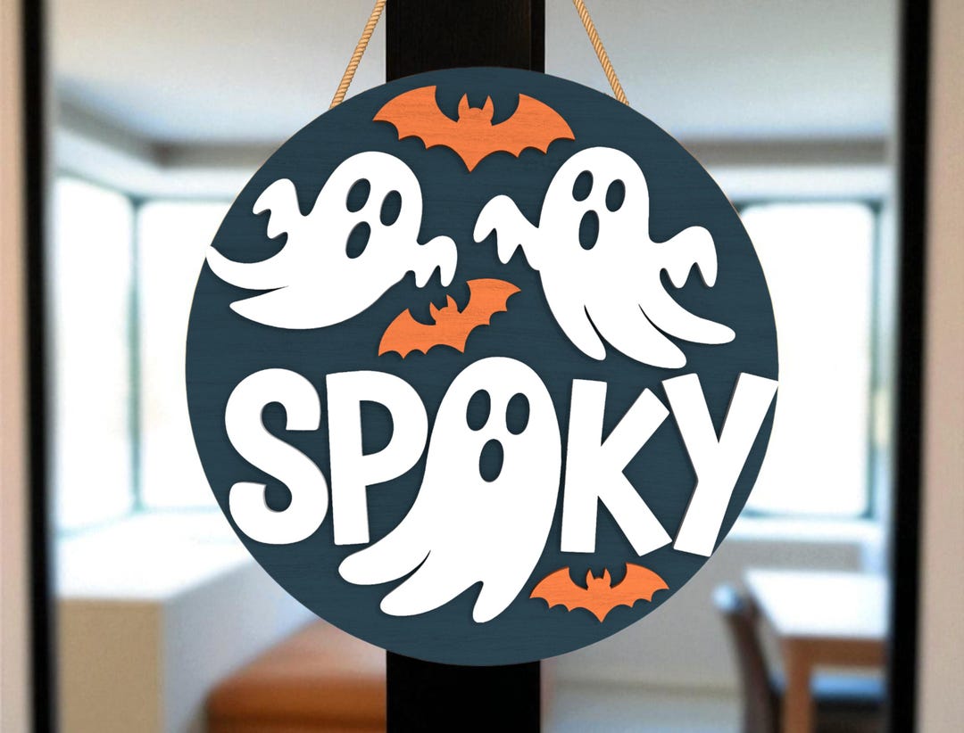 Spooky Halloween Sign SVG | Ghost and Bat Door Hanger Laser Cut File ...