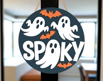 不気味なハロウィンサインSVG | ゴーストとコウモリのドアハンガーレーザーカットファイル | レイヤードラウンドポーチデコレーションテンプレート