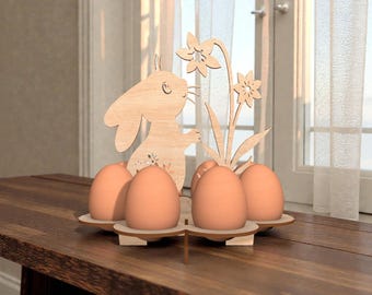 Soporte para huevos de conejo de Pascua SVG, soporte para huevos de conejo floral, archivo cortado a láser SVG, Glowforge xTool Lightburn, decoración de mesa de primavera de madera, 6 ranuras para huevos