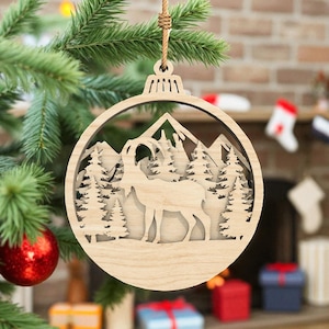 Goat Forest Ornament Svg, Layered Mountain Scene Svg, Rustic Christmas Wood Decor Svg, Laser Cut Winter Holiday Ornament File,Glowforge File