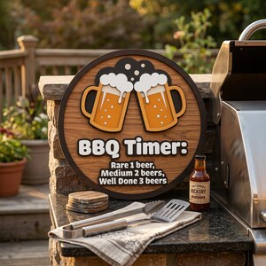 May include: A round wooden BBQ timer sign with two beer mugs, the text "BBQ Timer: Rare 1 beer, Medium 2 beers, Well Done 3 beers". Includes a bottle of hickory sauce, tongs, and a spatula.