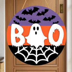 Letrero de puerta de Halloween BOO SVG, letrero redondo de telaraña, murciélago fantasma, archivos cortados con láser para Glowforge Cricut, decoración de porche de Halloween
