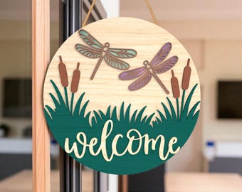 Dragonfly Welcome Sign SVG, Farmhouse Door Hanger Round Sign, Front Porch Wall Decor, Laser Cut File, Layered SVG DXF Digital Download
