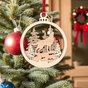 Wolf Christmas Ornament Svg, Howling Wolf in Forest Svg, Wildlife Laser Cut Ornament Glowforge Svg, Rustic Woodland Layered Wood Cut File