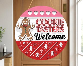 Cookie Tasters Welcome Door Hanger Svg, Gingerbread Christmas Sign Svg, Holiday Kitchen Decor, Cute Christmas Round Sign, Glowforge Cut File