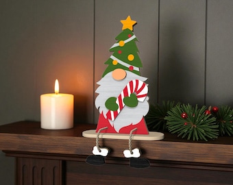 Christmas Tree Gnome Shelf Sitter Svg, 3D Holiday Gnome Laser Cut File, Wooden Festive Decor Svg For Glowforge Xtool