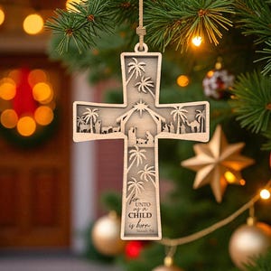 May include: Wooden Christmas cross ornament with a nativity scene cut-out design. The cross features palm trees and the text "for unto us a child is born." The ornament hangs from a natural twine string and is displayed on a Christmas tree.