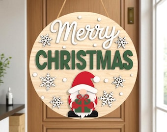 Christmas Gnome Door Hanger Laser Cut File Svg, Merry Christmas Round Sign Svg,Holiday Porch Decor, Farmhouse Winter Door Sign,Glowforge Svg