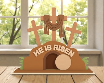He Is Risen SVG, Resurrection Crosses Scene, Empty Tomb Laser Cut File, Religious Easter Decor, Christian Wood Art, Glowforge xTool Design