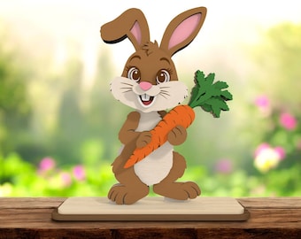 3D Layered Easter Bunny SVG, Cute Rabbit Holding Carrot Laser Cut File for Glowforge xTool Cricut, Spring Table Decor, Kids Wood Gift Idea