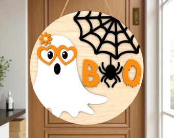 Lindo letrero de puerta de Halloween con fantasma "BOO" SVG, colgador redondo de telaraña fantasma, archivos cortados con láser para Glowforge Cricut, decoración de porche de otoño