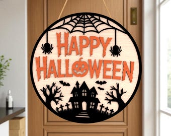 Halloween Door Hanger Laser Cut Svg, Happy Halloween Sign Svg, Bat and Spider Web Round Svg, Spooky Front Door Decoration,Glowforge File Svg