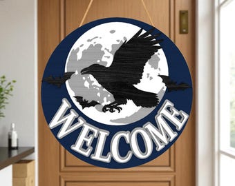 Raven Welcome Door Hanger Svg,Halloween Crow Moon Sign Svg, Spooky Bat Porch Decor Svg, Gothic Round Door Sign Svg, Glowforge Laser Cut File