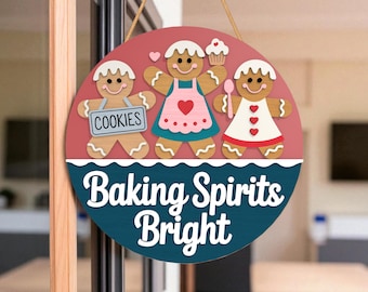 Baking Spirits Bright Sign SVG, Gingerbread Christmas Round Sign, Holiday Kitchen Wall Decor, Laser Cut File, Layered SVG DXF Download
