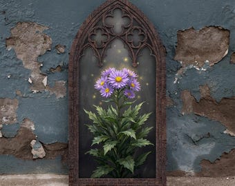 Pode incluir: Uma moldura de madeira castanho-escura, alta e arqueada, com traçados de estilo gótico no topo, envolvendo uma ilustração central de um grupo de flores aster roxas com centros amarelos, rodeadas por folhas verdes e pequenas partículas de luz dourada.