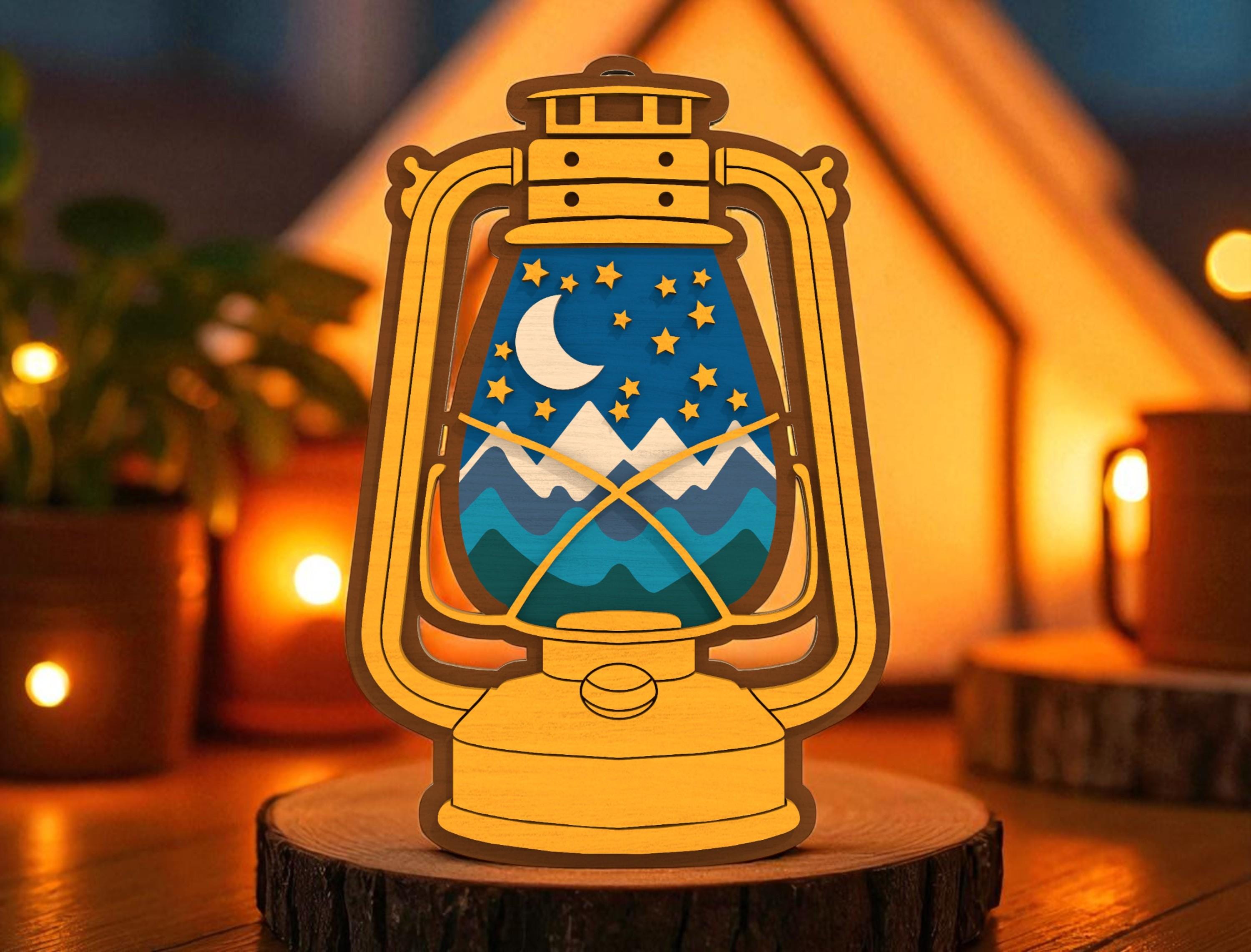 Camping Lantern SVG Layered Night Scene, Moon Stars Mountains Wood