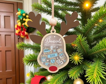 Baby’s First Christmas Ornament SVG, Reindeer Birth Stat Ornament, Personalized Keepsake,New Baby Gift,  Laser Cut File, Glowforge SVG
