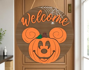 Svg per appendino porta di benvenuto di Halloween, simpatico cartello per portico di Halloween in formato Svg, cartello zucca di Topolino in formato Svg, appendino porta rotondo in formato Svg, file tagliato al laser Glowforge
