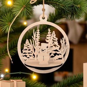 Snowman Forest Ornament Laser Cut File Svg, Christmas Laser Cut File, Winter Scene Wood Decoration Svg, Glowforge Xtool Cricut Svg