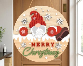Christmas Gnome Sign SVG, Merry Christmas Round Wood Sign Laser Cut File, Holiday Door Hanger Winter Decor Digital Download