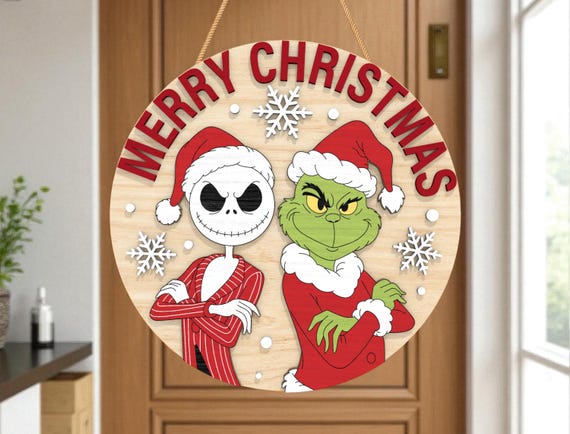 Jack Skellington & Grinch Merry Christmas Door Hanger SVG, Funny