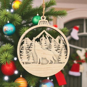 Wolf Forest Ornament Svg, Layered Mountain Scene Svg, Rustic Christmas Wood Decor Svg, Laser Cut Winter Holiday Ornament File,Glowforge File