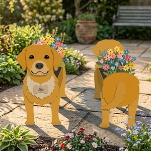 May include: Three wooden dog-shaped planters, painted gold and brown, are filled with colorful flowers. One planter has a bone-shaped tag that reads "Lola". The planters are set on a stone patio in a garden.