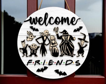 Friends Welcome Sign Halloween Digital Laser Cut SVG, Nightmare Character Spooky Characters Round Door Hanger , Layered 3D Glowforge, xTool