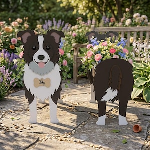 May include: A decorative dog-shaped planter, featuring a black and white border collie design. The planter holds a colorful arrangement of flowers. The dog has a name tag that says "Toby". The planter is made of wood and is suitable for outdoor use.