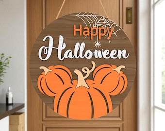 Happy Halloween Door Hanger Svg, Pumpkin Round Sign Svg, Halloween Porch Sign Svg, Spider Web Door Sign Svg, Glowforge Laser Cut Files