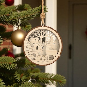 Christmas Layered Reindeer Winter Scene Ornament SVG, Woodland Christmas Decoration SVG, Laser Cut File for Glowforge xTool Cricut