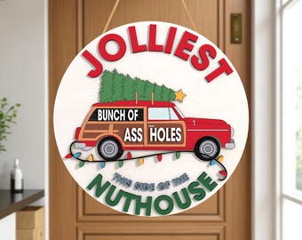 Lustiger Weihnachtstürhänger Laser geschnittene Datei, Jolliest Bunch Svg, Weihnachtsurlaubszitat Svg, Feiertagsrundes Zeichen Svg, Bauernhaus-Weihnachtsdekor