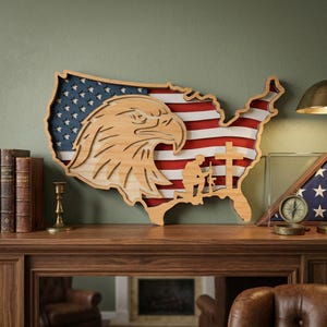 American Flag Eagle Map SVG, Patriotic Military Soldier Cross Laser Cut File, Veteran Memorial Wall Art, Glowforge xTool 3D Layered Design