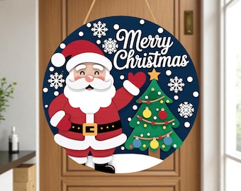 Weihnachtsmann stoppt hier Tür-Aufhänger-Svg, Weihnachten Willkommens-Schild-Svg, Feiertag-Veranda-Dekor, rustikales Bauernhaus rundes Zeichen Svg, Glowforge Laser-Schnitt-Datei