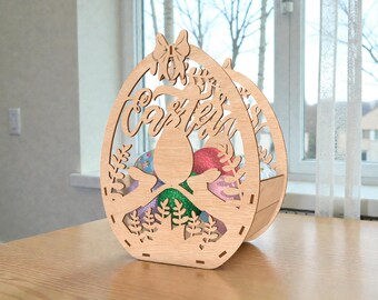 Easter Bunny Basket SVG, Wooden Egg Holder Laser Cut File Svg, Rabbit Treat Box with Bow Svg, Spring Decor,  Glowforge xTool Cricut