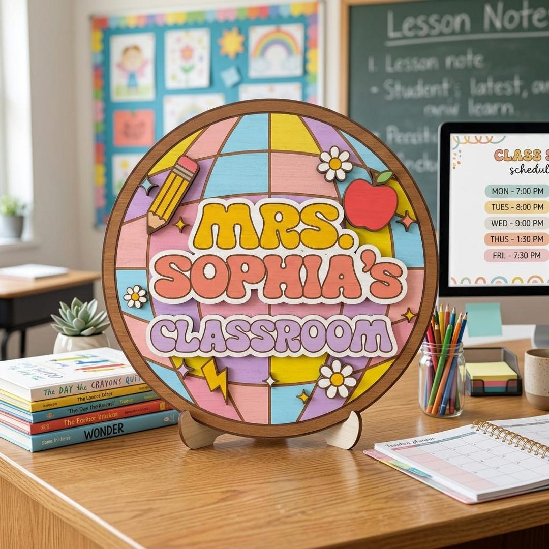 Class Roon Name Signs Classroom Name Sign SVG, Retro Groovy Teacher Door Hanger, Personalized ...