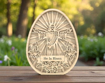 He Is Risen Easter Laser Cut File Svg, Jesus Resurrection Scene Svg, 3D Layered Egg Svg, Religious Easter Lily Decor, Glowforge Xtool