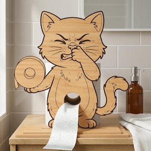 May include: Wooden cat-shaped toilet paper holder. The cat has a displeased expression, holding its nose. The holder dispenses toilet paper from a central opening. A humorous design for any bathroom.